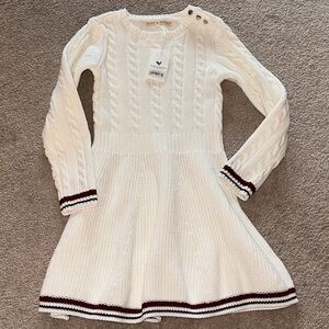 Hope & Henry Girls' White Cable Knit Dress with Maroon Stripe Trim